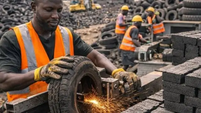 Empreendedor nigeriano aposta na reciclagem de pneus para virar pneus velhos em tijolos de borracha em Lagos