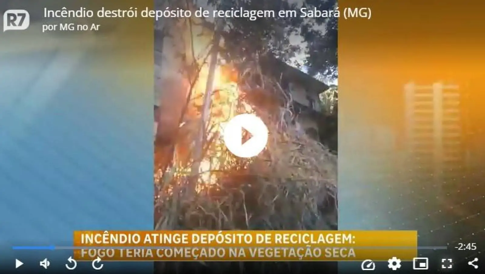 Incêndio destrói depósito de reciclagem em Sabará (MG)