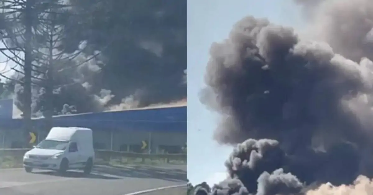 VÍDEO: Galpão de reciclagem de pneus pega fogo na SC-150 e gera fumaça tóxica em Água Doce