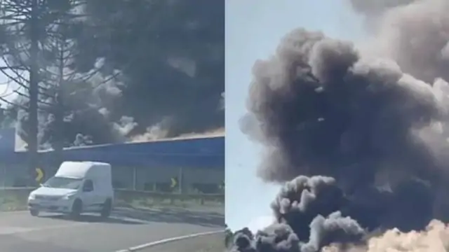VÍDEO: Galpão de reciclagem de pneus pega fogo na SC-150 e gera fumaça tóxica em Água Doce