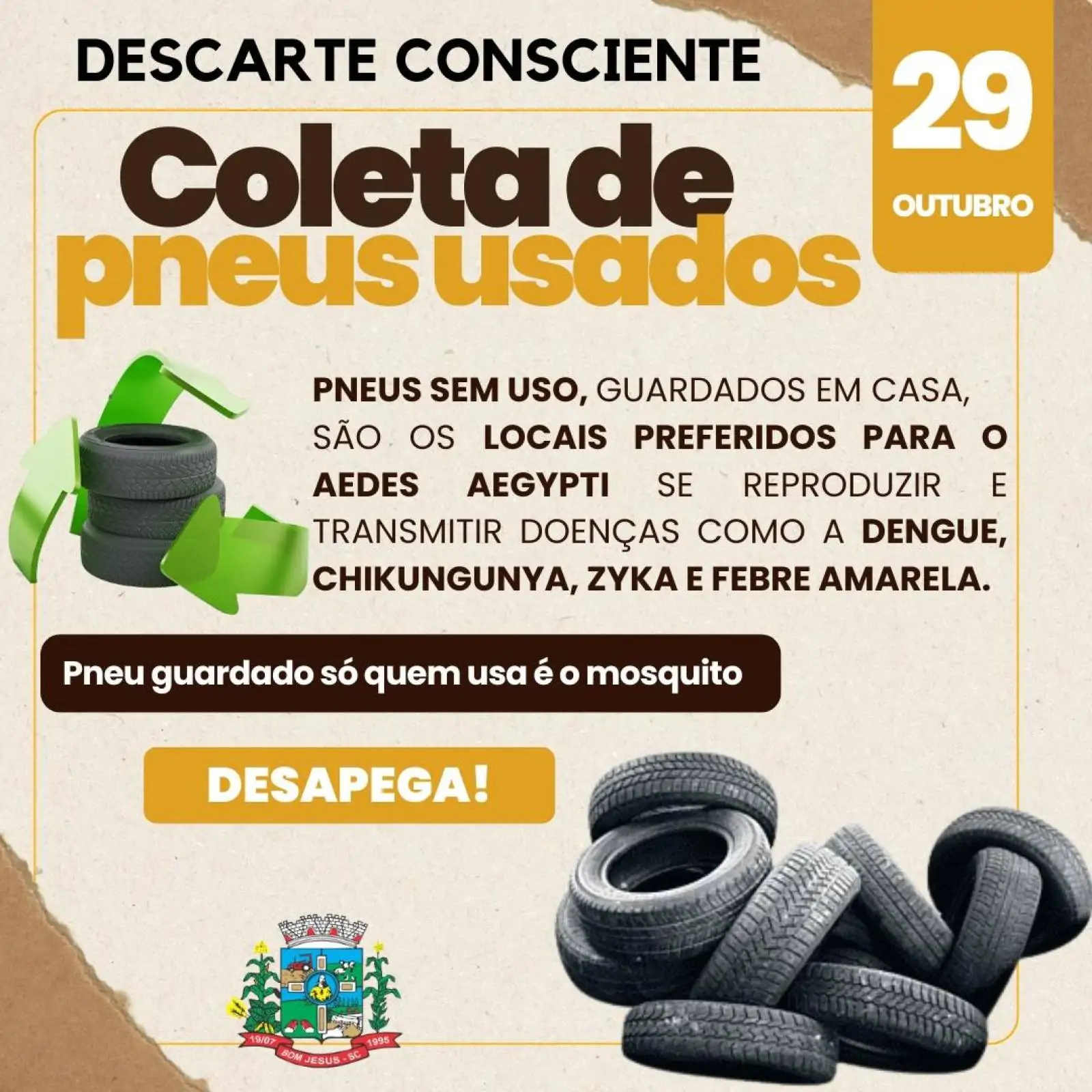Vigilância Epidemiológica de Bom Jesus realiza coleta de pneus usados
